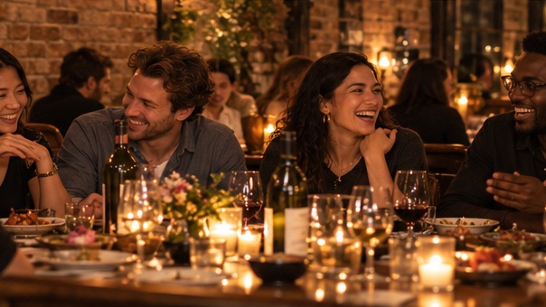 A lively group dinner at a long candlelit table