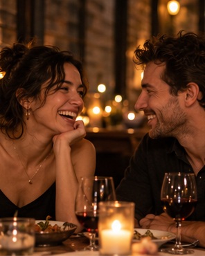 A couple laughing together over dinner by candlelight
