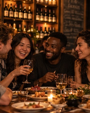 Four friends sharing small plates and laughing at a wine bar