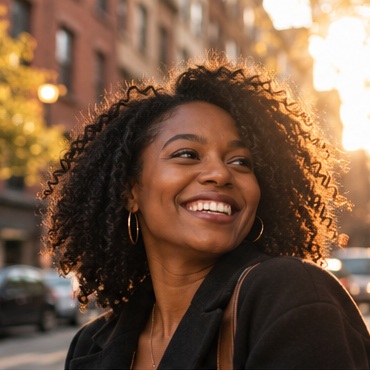 A woman smiling on a New York street at golden hour
