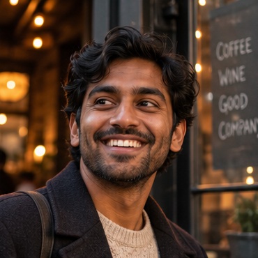 A man smiling outside a neighborhood cafe