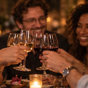 Friends clinking wine glasses at dinner