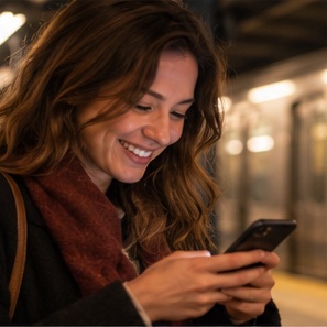 A woman smiling at her phone on a subway platform