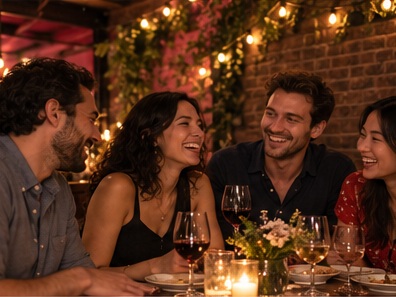 Two couples on a double date laughing around a restaurant table